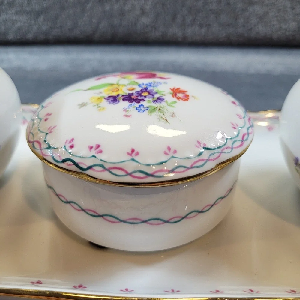 KPM Porcelain Vanity Set 4pc Floral Bud Vases Lidded Trinket Box and Tray